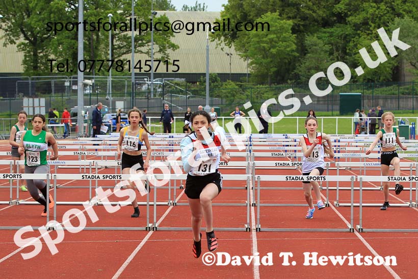 Girls Under-13s 70 metres hurdles, 2023 North Eastern Track and Field Champs., Middlesbrough Sports Village, Middlesbrough. Photo: David T. Hewitson/Sports for All Pics